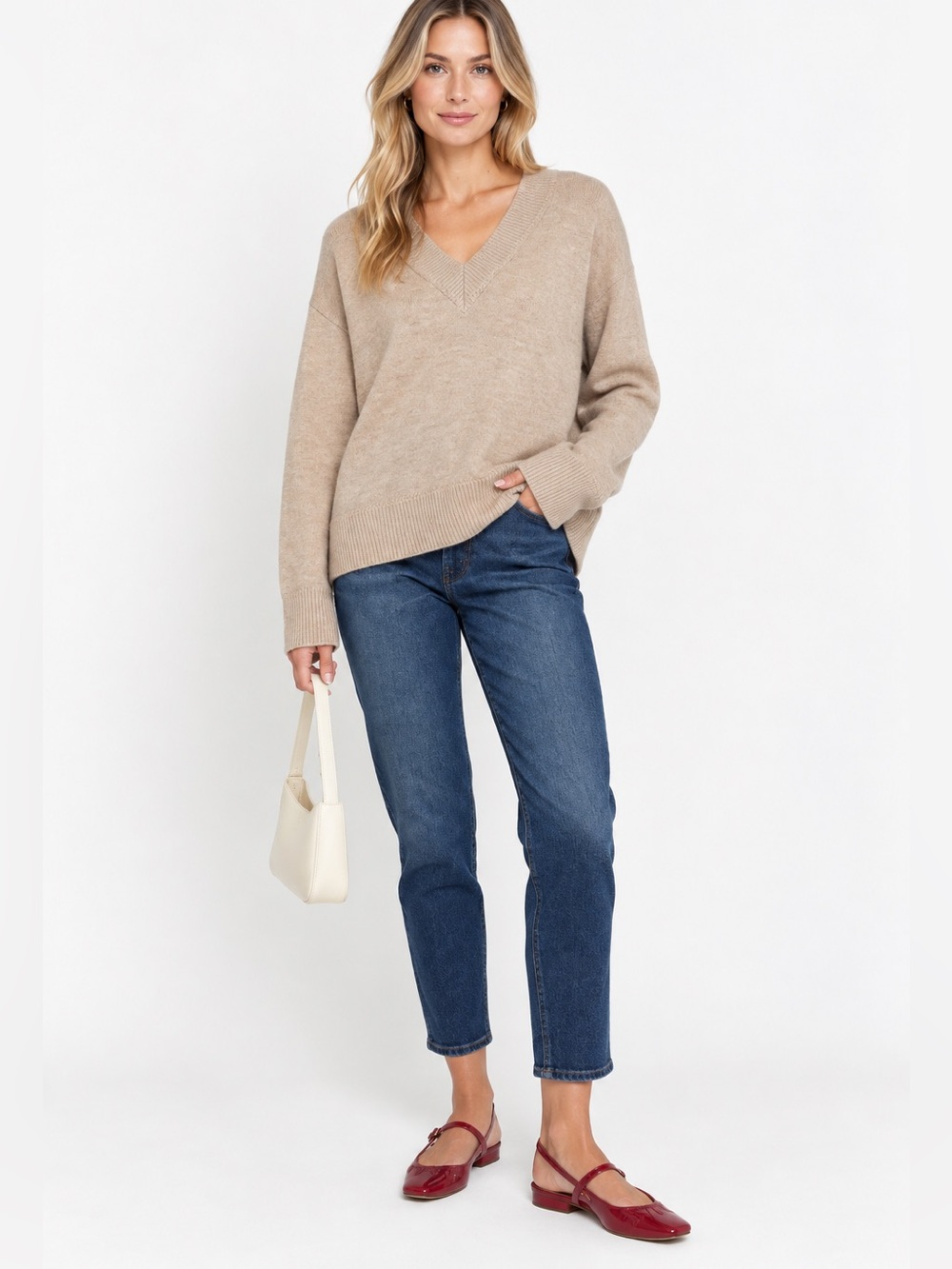 Caara Brenna Taupe Tan Merino Wool Oversized V Neck Sweater Size XS NEW